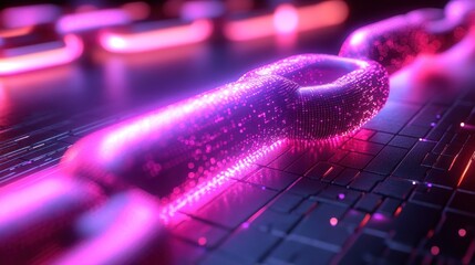 Glowing digital chain link on tech surface.