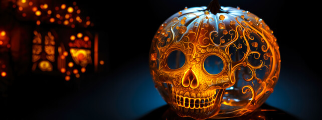 Add a touch of the macabre to your Halloween visuals with this captivating photo featuring a skull ablaze with fire, set against a dark background, illuminating a pumpkin in eerie splendor