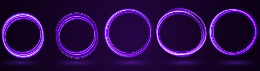 Light circle background with purple light neon effect. Light glowing circle line of neon effect. Space tunnel. Ellipse shimmery color. Blue shiny glitter. Neon blurry circles at motion. Purple ring