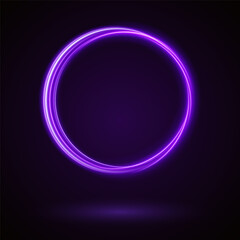 Light circle background with purple light neon effect. Light glowing circle line of neon effect. Space tunnel. Ellipse shimmery color. Blue shiny glitter. Neon blurry circles at motion. Purple ring