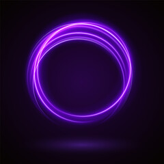 Light circle background with purple light neon effect. Light glowing circle line of neon effect. Space tunnel. Ellipse shimmery color. Blue shiny glitter. Neon blurry circles at motion. Purple ring