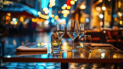 Serene Night Reflections on an Empty Table in a Street Setting
