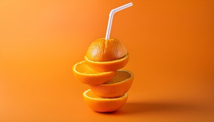 Freshly stacked oranges with straw on a vibrant orange background showcasing healthy snack ideas. Generative AI