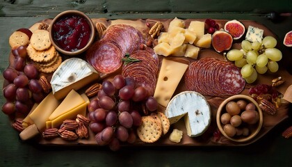 Gourmet charcuterie board featuring assorted meats, cheeses, fruits, and crackers arranged on a wooden table. Generative AI
