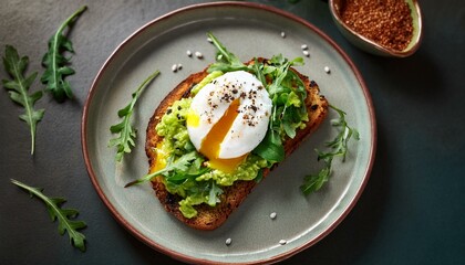Delicious avocado toast topped with a poached egg and fresh greens on a rustic plate. Generative AI