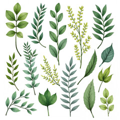 The image shows collections of plants. They are made in the same style, differ in simple lines and monochrome colors. The color palette includes shades of green with a yellowish-green base.