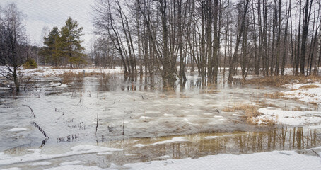 Obraz premium Snowy field with a body of water in the middle