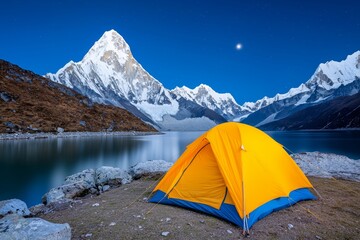 A high-altitude alpine landscape featuring Twilight Mountain, with a yellow tent illuminated at night, all beneath a shining moon in a dark blue sky, giving off a cooler tone.
