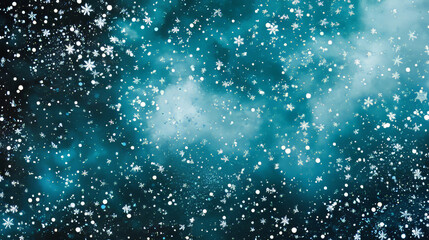 Beautiful falling snowflakes wallpaper. Winter dust ice particles. Snowfall weather white teal blue background. Many snowflakes january theme. Snow hurricane scenery,  Magic nature fantasy snowfall.