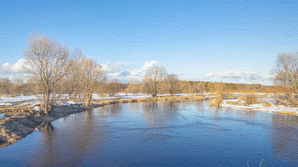 Calm lake surrounded by trees and snow