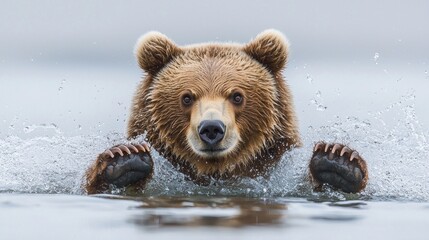Obraz premium Emerging from the calm waters, a brown bear showcases its powerful presence as it swims with purpose, surrounded by the tranquil beauty of Finland's wilderness at dusk