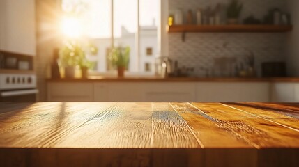 Blurred Kitchen Background with Wooden Table Top and Warm Light