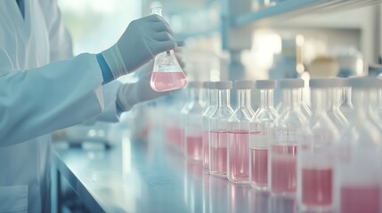 Laboratory scientist with pink liquid samples, horizontal, suitable for medical research, pharmaceutical development, scientific innovation, healthcare solutions and biotechnology content