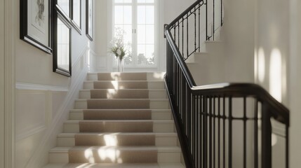 Obraz premium Softly carpeted staircase in a residential setting, designed with sleek railings and a simple, modern style