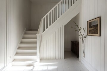 Renovated Edwardian home featuring a beautifully painted white wooden staircase with simple vertical slats
