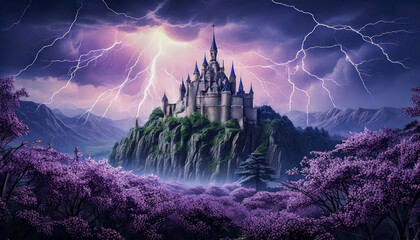 Fantasy illustration of ancient medieval castle on rocky outcrop of mountain, purple flowering trees, night sky broken with lightening storm