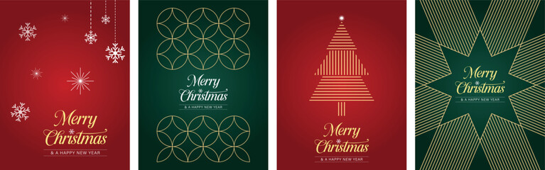 Luxury christmas invitation card art deco abstract design vector. Christmas tree, snowflake, firework line art on green and red background. Design illustration for cover, poster, wallpaper.