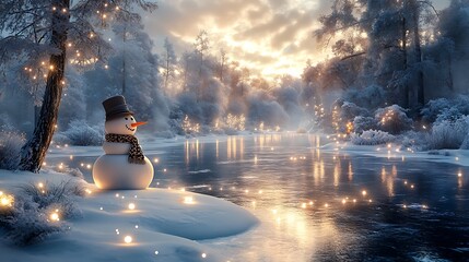 snowman on the edge of an icy lake