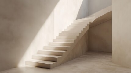 A minimalist beige staircase rendered in 3D, showcasing clean, modern lines