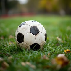 Fototapeta premium A close-up of a weathered soccer ball resting on grass, symbolizing outdoor sports and playfulness, ideal for articles on sports, youth activities, or promotional materials for soccer events,