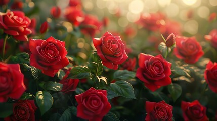 Naklejka premium A photo of red roses with green leaves in a garden full frame