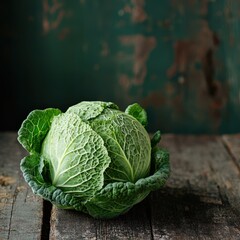 A vibrant green cabbage sits on a rustic wooden surface, showcasing its textured leaves against a muted background, Ideal for culinary content, health-focused articles, or organic produce marketing,