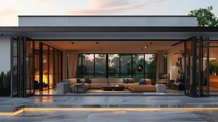 Fototapeta premium A wooden house with a perfect design hidden amidst a lush tropical garden, designed to be a peaceful place to relax.