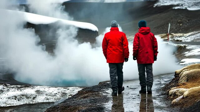 Two hikers explore a geothermal area surrounded by steam and snow in a remote landscape