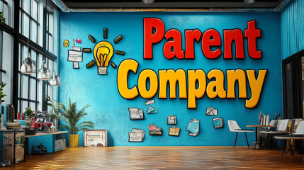 Fototapeta premium Vibrant Office Workspace with 3D Text Banner and Creative Graphic Elements