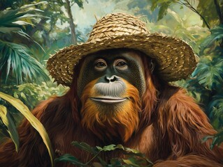 Obraz premium A realistic depiction of an orangutan walking through a lush, green forest, wearing a straw hat