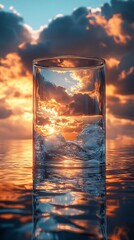 Water inside transparent glass capturing the warm glow of fiery sunset picture