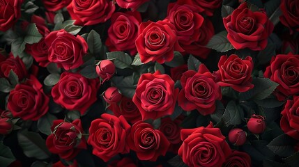 Naklejka premium A photo of red roses with green leaves in a garden full frame