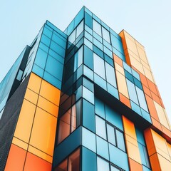 Modern building with colorful glass facade.