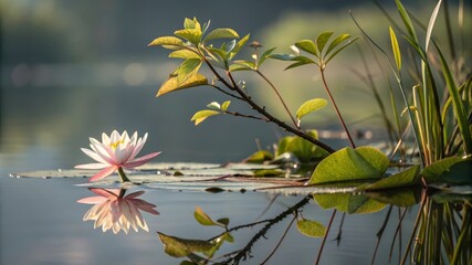 Closeup of Aquatic Plant With Reflection in Calm Water During Early Morning Light. Generative AI