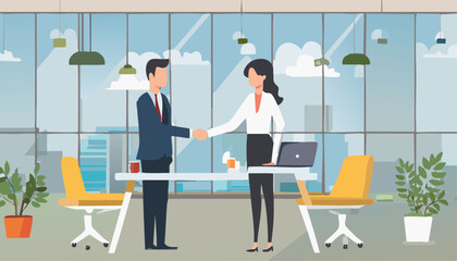 In a professional office, a man and woman engage in a friendly handshake, highlighting their commitment to professionalism and collaboration