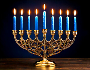 Fototapeta premium stunning golden menorah glowing with candlelight for Hanukkah