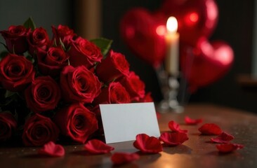Valentine's Day, a bouquet of roses and a mockup note on the table