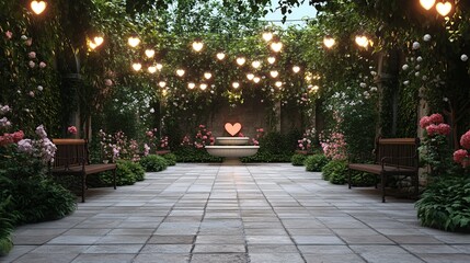 A romantic garden with heart-shaped lights, flowers, and a serene fountain.