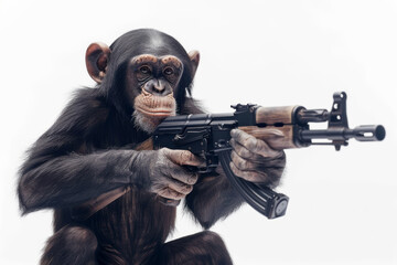 Monkey with machine gun isolated on white background.