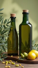 Obraz premium Olive Oil in Dark Green Glass Bottles Displayed With Fresh Olives and Lemons on Wooden Surface. Generative AI