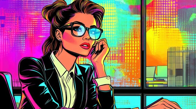 Vibrant Pop Art Businesswoman in Modern Office