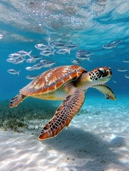 Obraz premium Swimming green sea turtle in clear ocean water coral reef environment underwater