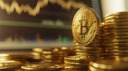 Close-up of gold coins with the bitcoin logo laid out in front of a computer screen displaying stock market charts and graphs. 