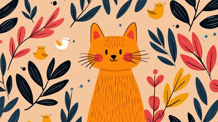 Cute ginger cat surrounded by colorful leaves and birds.