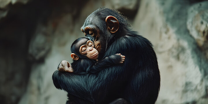M&atilde;e chimpanz&eacute; aconchegando seu beb&ecirc;