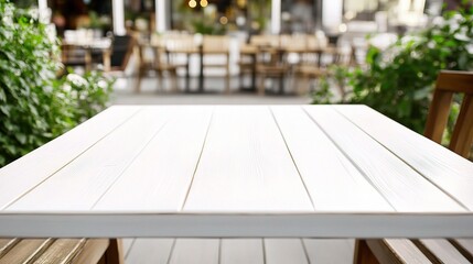White Wooden Tabletop in Blurred Cafe Background with Greenery