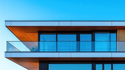 Fototapeta premium Modern apartment building detail, glass balcony, wood siding, blue sky.