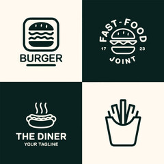 food logo for burger and hamburger sandwich fast food restaurant, burger pizza illustration icon