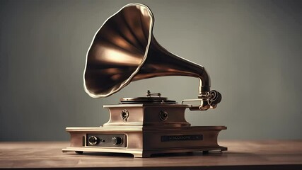 gramophone 3d video right vintage bronze render view old fashioned luxury phonograph speaker traditional turntable fashion vinyl analog art audio