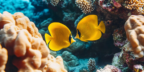 Obraz premium Peixes tropicais coloridos em um recife de coral